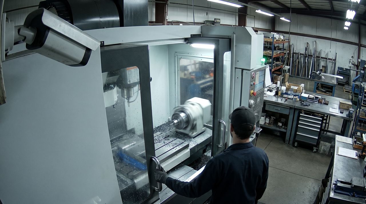 CNC machine with its safety guard door open while the spindle spins, the operator's hand on the door handle