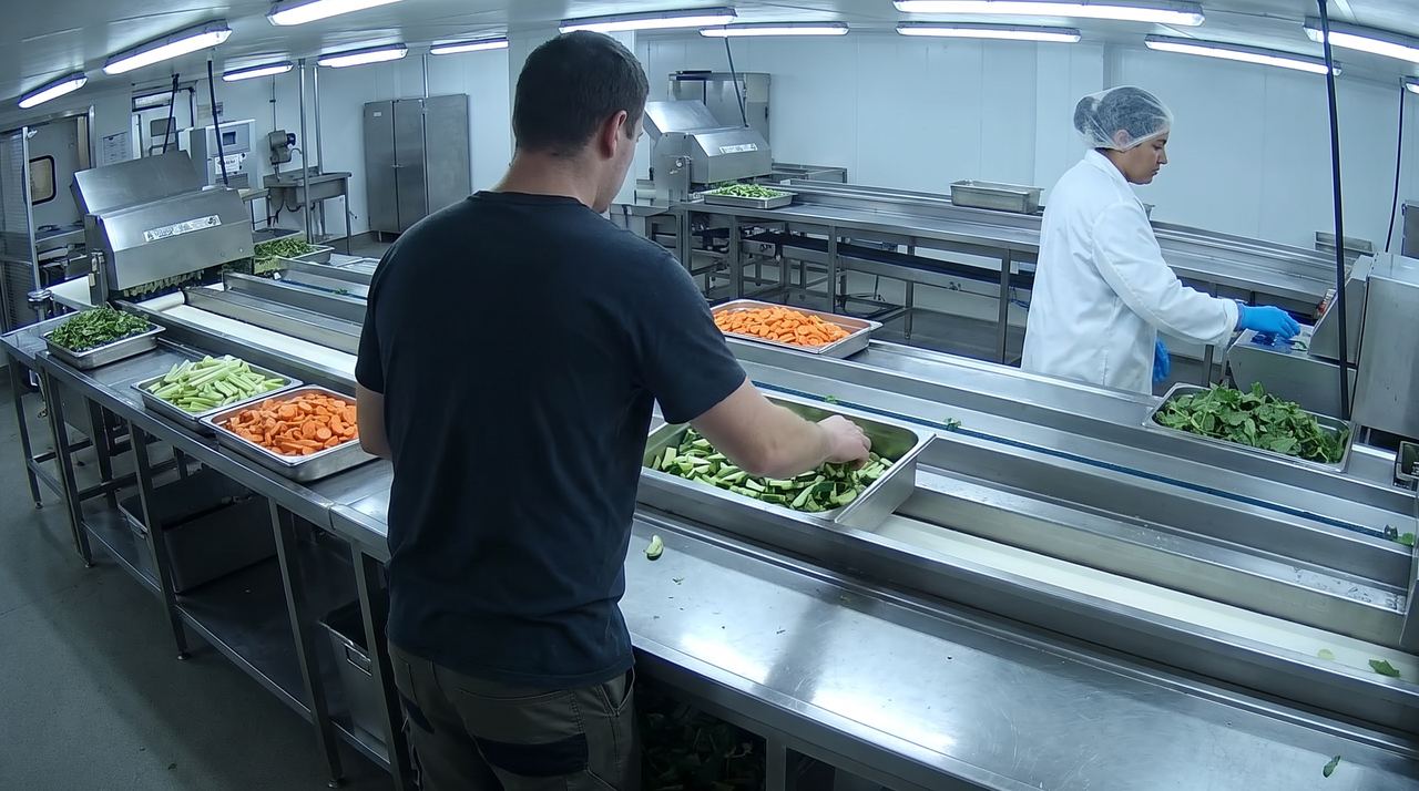 Food-prep line where a worker handles produce with bare hands and no hairnet while a colleague behind wears gloves and a hairnet