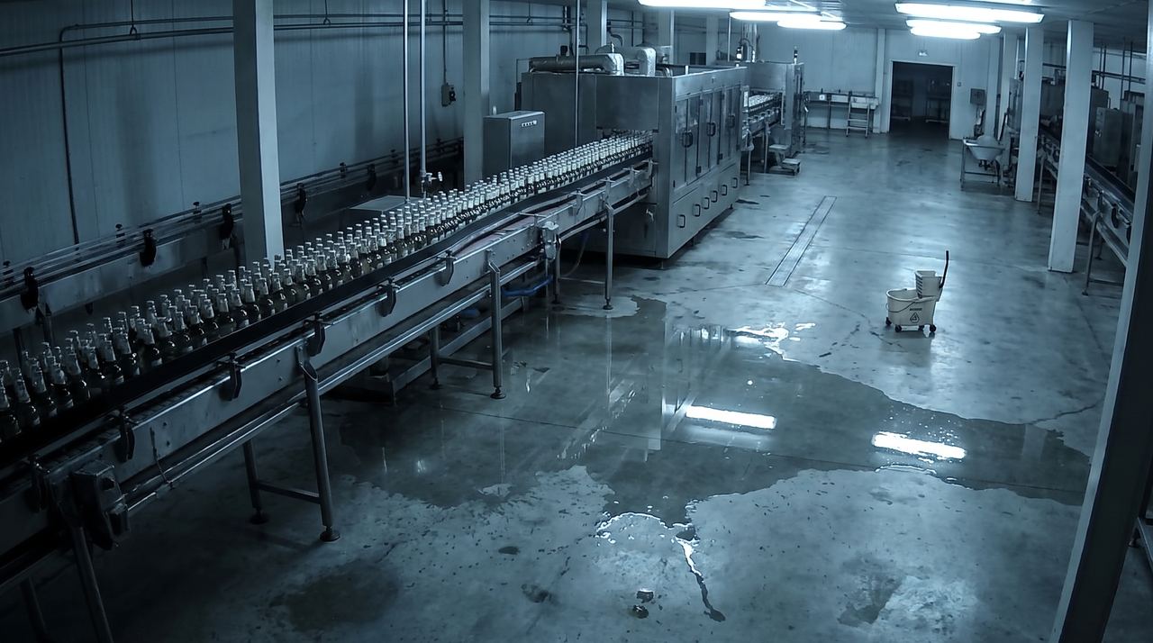 Stopped bottling line with an unattended liquid spill spreading on the factory floor