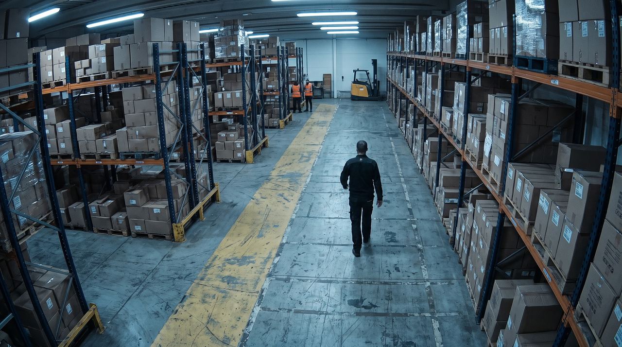 Elevated camera view of a warehouse aisle where a worker in dark clothes walks the marked pedestrian lane without a high-vis vest